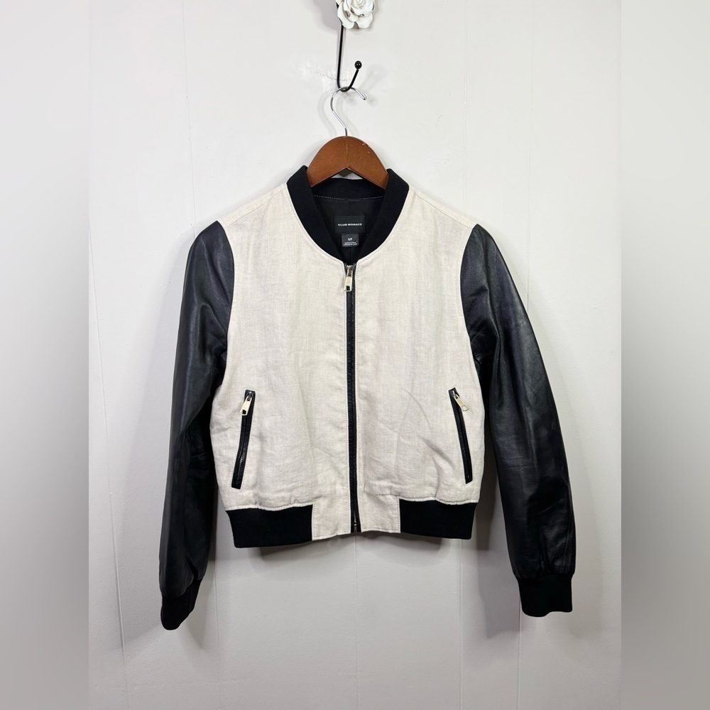 Club Monaco hayley leather linen full zip bomber jacket tan black size SM - Picture 2 of 6